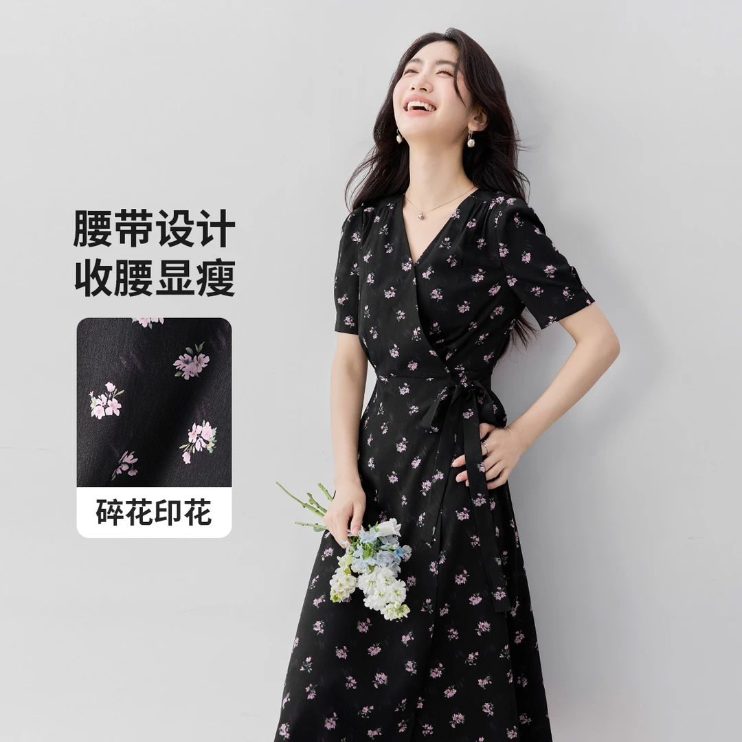 尚都比拉优雅通勤V领交叠围裹式收腰显瘦短袖印花茶歇漂亮裙O0043