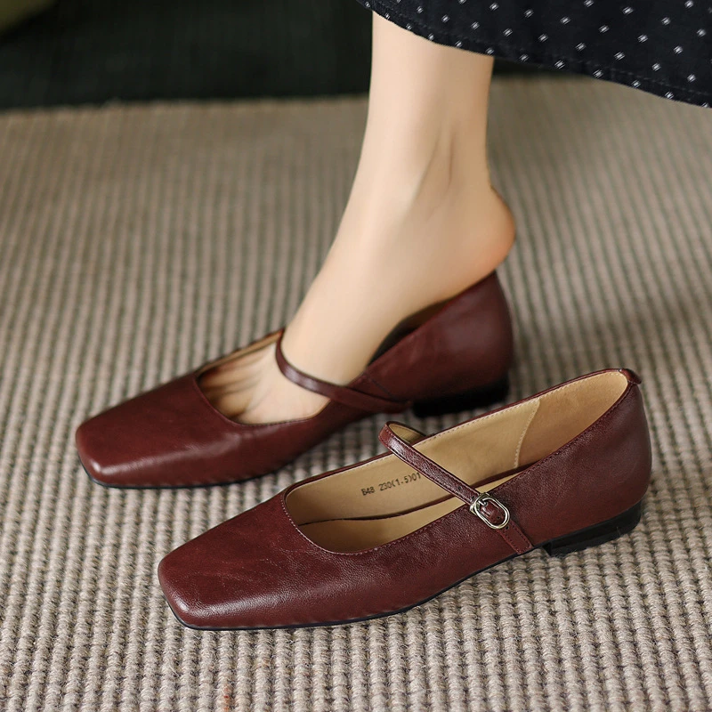 百搭基础款牛皮玛丽珍鞋2025春季新款平底方头一字扣带单鞋女