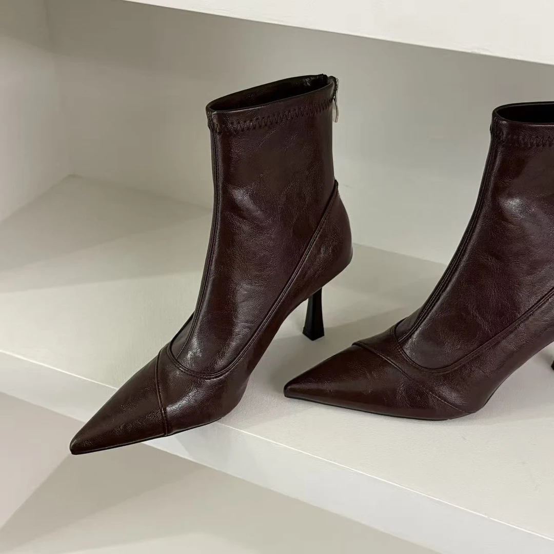 韩版软皮显瘦细跟尖头女靴短筒高跟鞋时装靴后拉链法式瘦瘦女短靴