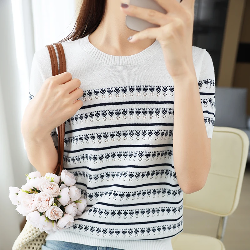 不起球100%纯棉线钻石提花针织短袖薄款