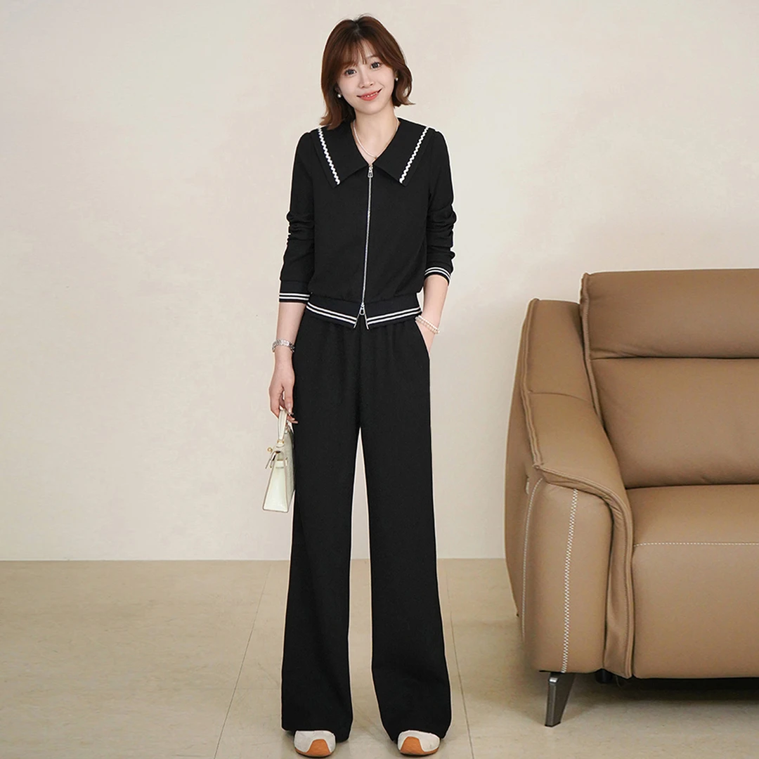 设计感时尚气质简约套装女秋款娃娃领双头拉链上衣阔腿长裤两件套