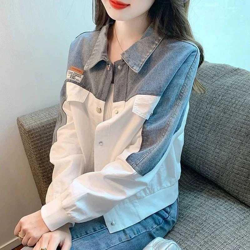 时尚撞色拼接牛仔外套女2025春秋新款韩版小个子POLO领洋气上衣女