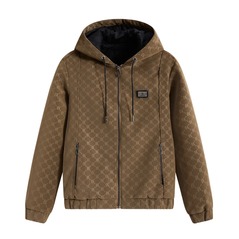 提花工艺连帽皮衣夹克男士秋冬季休闲潮流时尚连帽工装夹克