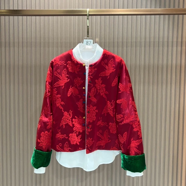 红色蝴蝶提花气质优雅新中式秋冬国风厚款棉服外套