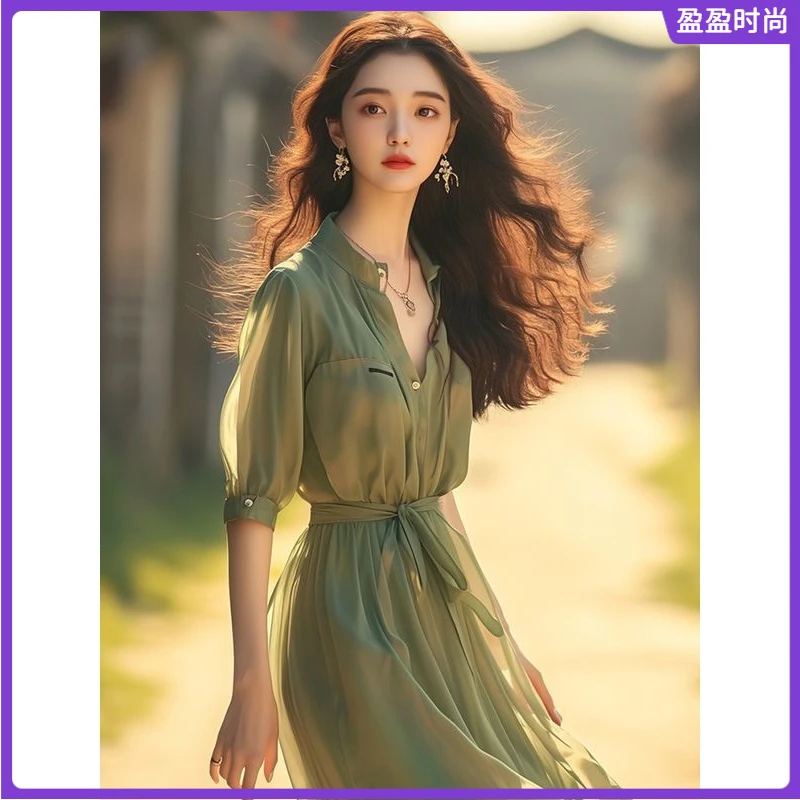 l2024年新中式小立领裙超仙薄荷曼波风绿色时尚连衣裙女夏季I