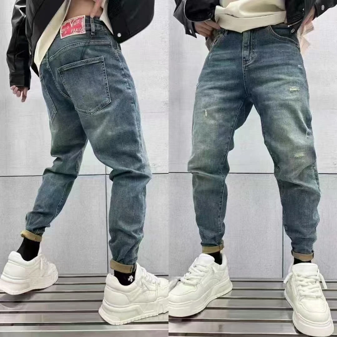 99513新款时尚潮流男士蓝色水洗做旧净版修身弹力锥形小脚牛仔裤