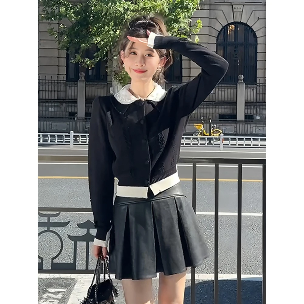 小香风撞色拼接长袖针织开衫女2025早秋季新款漂亮减龄娃娃衫上衣