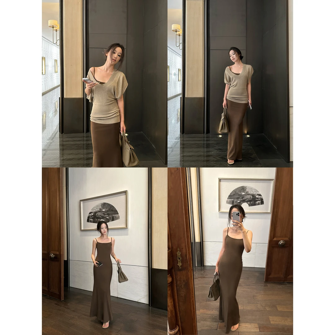 5werkwen 纯欲天菜 针织修身垂感直筒微A吊带裙37-03