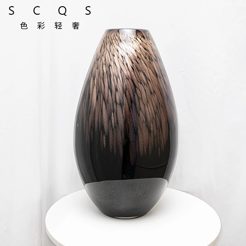 欧式轻奢简约收口黑金琉璃花瓶桌面简约花卉装饰花器J311