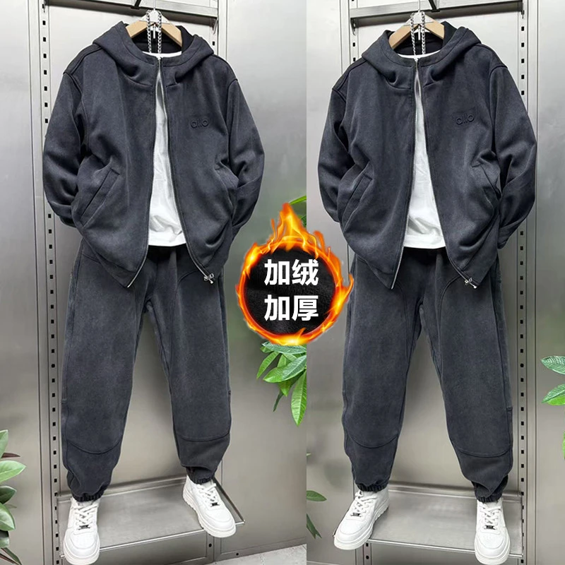 加绒加厚套装男冬季水洗做旧复古休闲运动两件套宽松连帽外套裤子