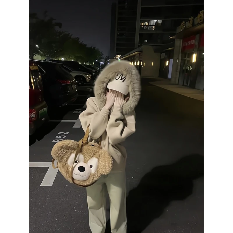 2025新款女士秋季韩系慵懒风高级感大毛领连帽外套高腰宽松阔腿裤
