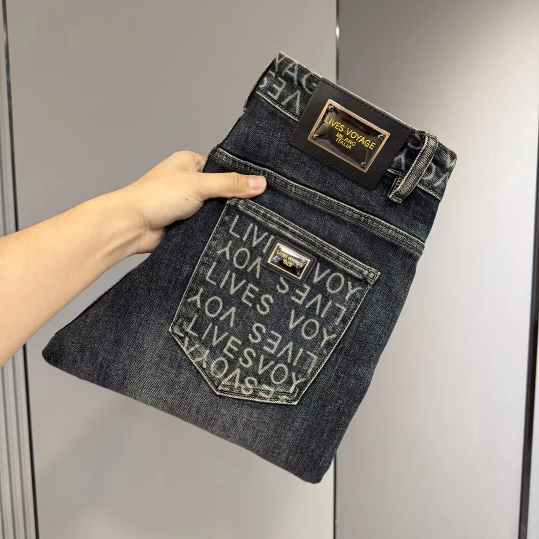 男士牛仔裤秋冬男裤个性裤兜印花牛仔裤男修身显瘦小脚裤时尚百搭