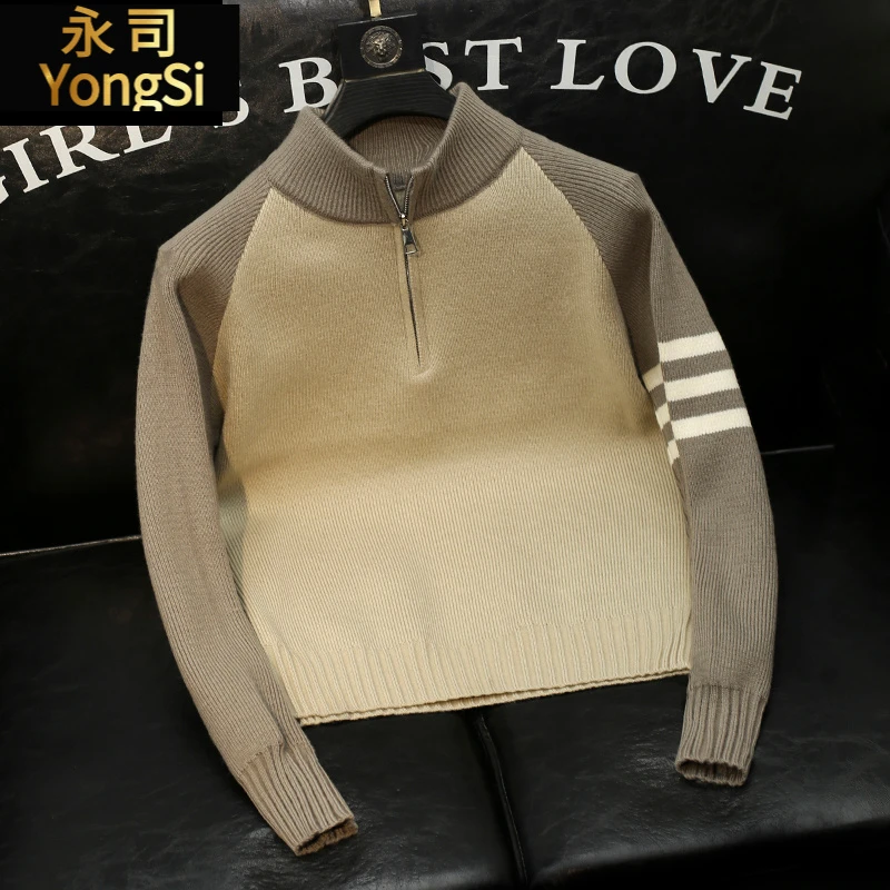 2025秋冬新款条纹拼接毛衣男士青年宽松时尚痞帅外套针织衫休闲潮