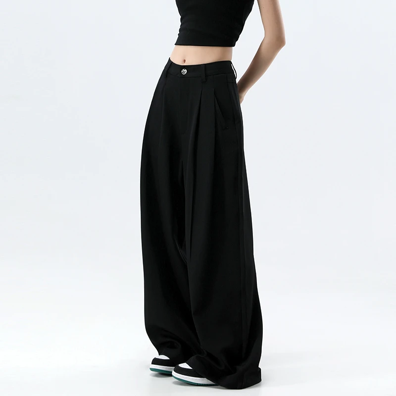 美式黑色压褶阔腿西装阔腿裤女夏薄款低腰宽松设计感休闲拖地长裤