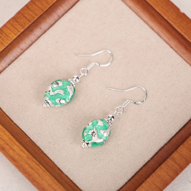 合金耳饰 LZ2721-1 薄荷蓝绿色雕刻银箔圆饼台湾老师琉璃耳环