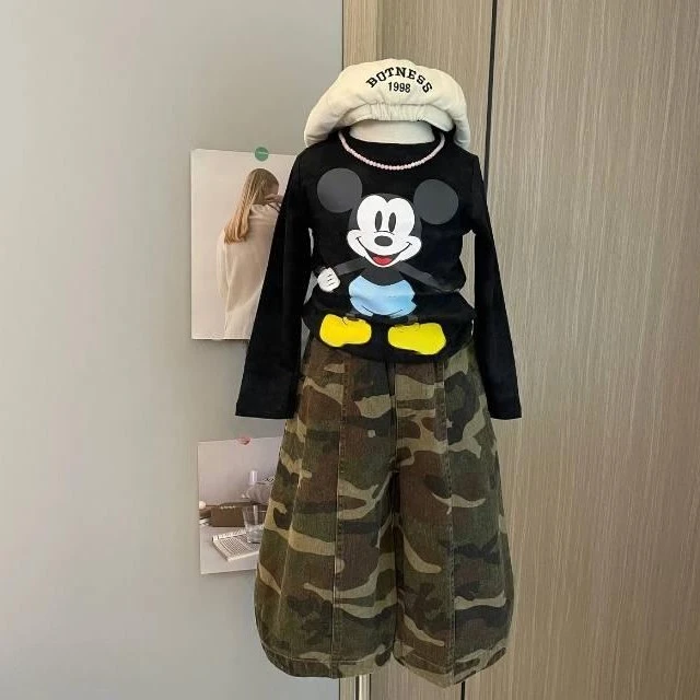【现货】女童时髦MK长袖T恤迷彩弯刀裤两件套2025秋女童秋款套装