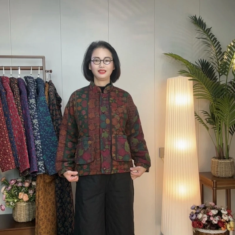 <冬景1>双层纱斜纹棉数码印花立领开襟盘扣长袖加厚棉服2506-1