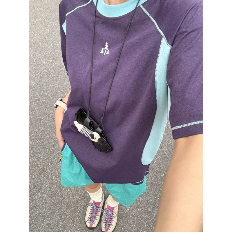 山系户外冰丝速干圆领T恤男夏季撞色设计运动短袖透气凉感骑行服