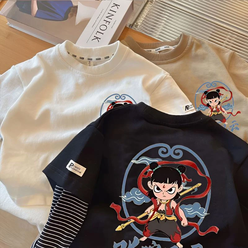 卡通动漫魔童哪吒儿童印花长袖T恤2025春秋季新款休闲宽松打底衫
