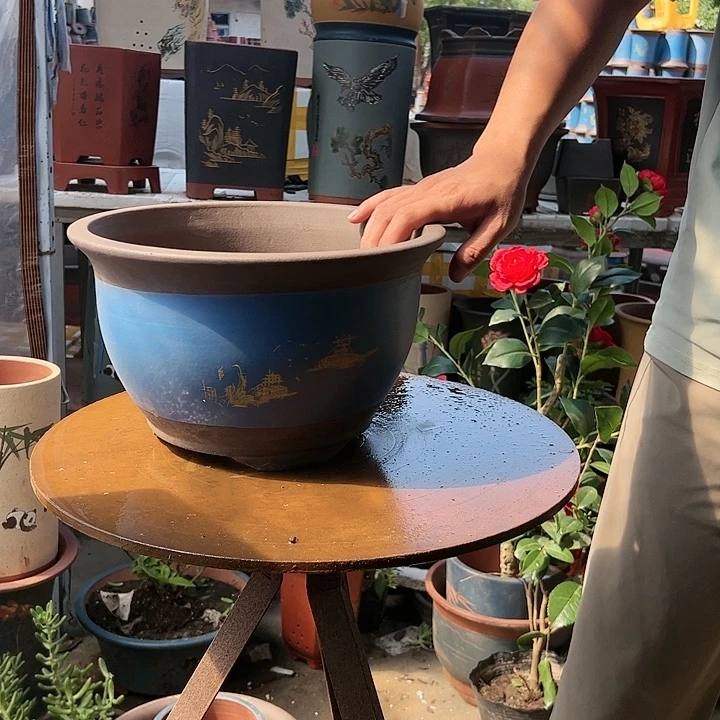 宜兴紫砂花盆花盆30蓝山水