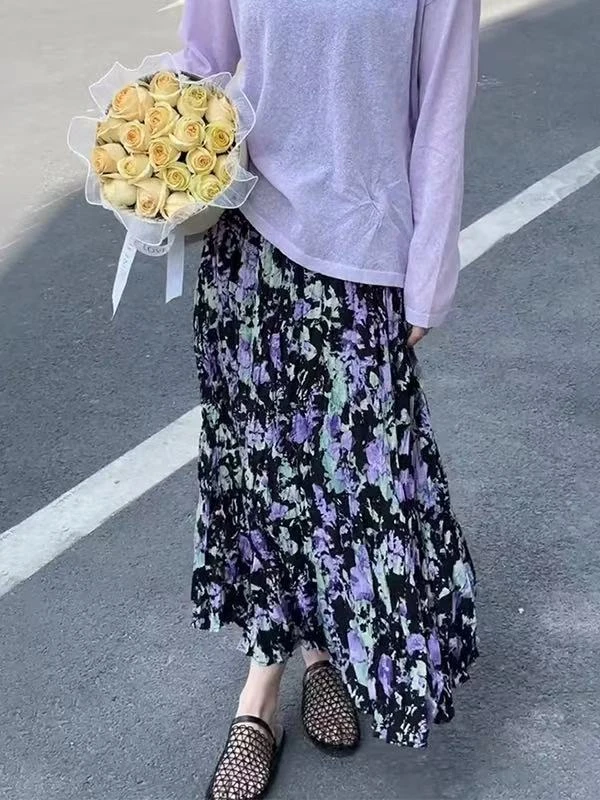 法式复古紫色碎花半身裙