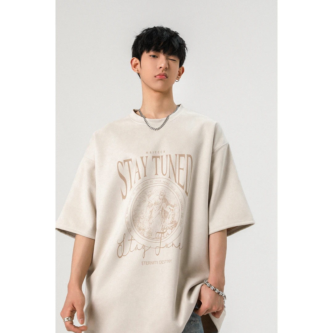 美式休闲仿麂皮绒短袖t恤男夏季新款潮牌大码设计感情侣小众体恤