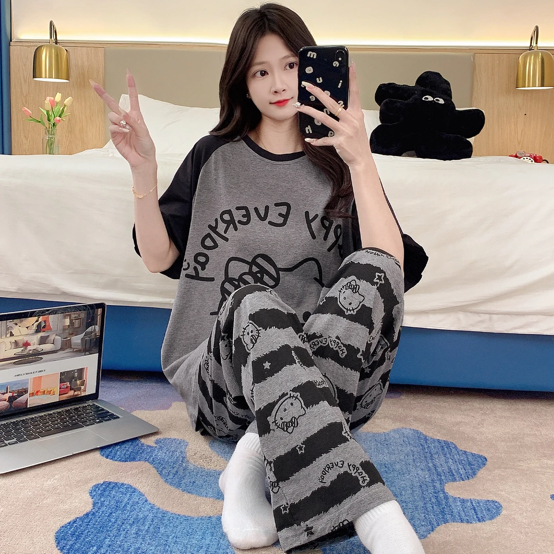 纯棉睡衣女款爆款2025新款胖mm大码女士短袖长裤可外穿家居服套装