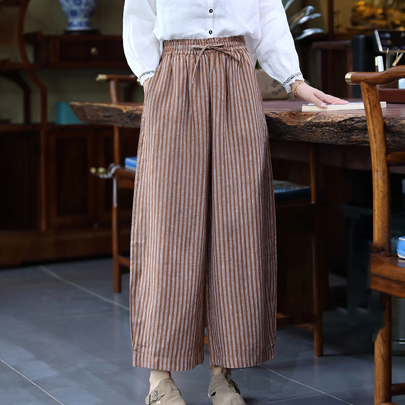 休闲裤高腰时尚夏季薄款肥婆裤子百搭女装条纹法式5529