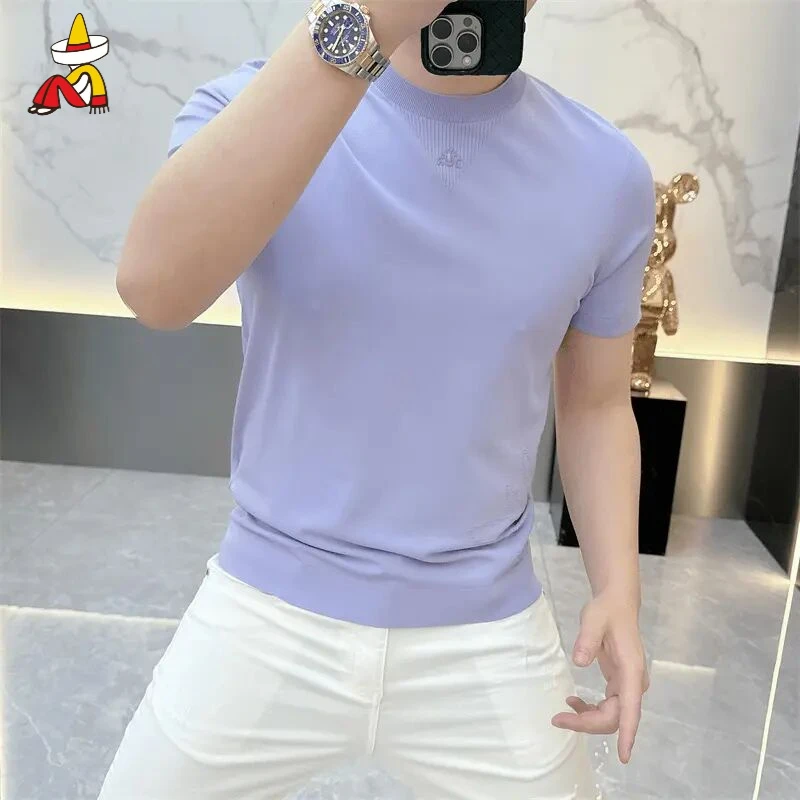 稻草人冰麻针织短袖T恤男士夏季新款时尚帅气半袖体恤品质男装