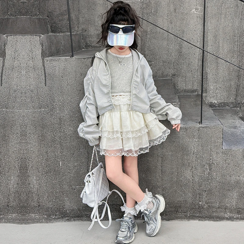 女童防晒衣2025夏季新款薄款外套女孩蕾丝短裙大童连帽衫韩版套装
