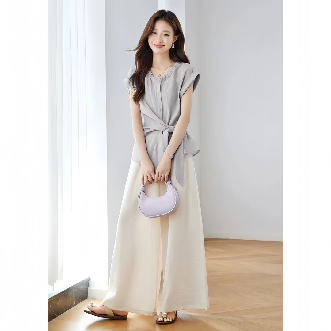 4907小清新套装女2025夏季独特绝美夏天小俏皮衬衫阔腿裤子两件套