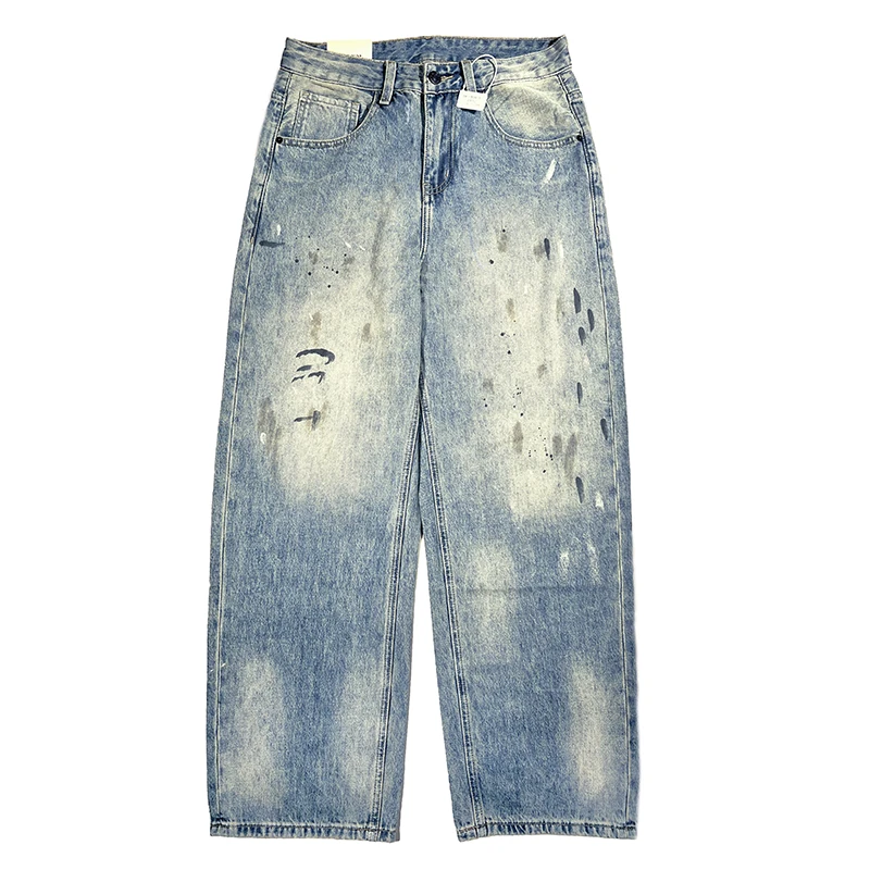THIS WOW基础大众牛仔裤直筒水洗公主风泼墨复古裤子春夏做旧