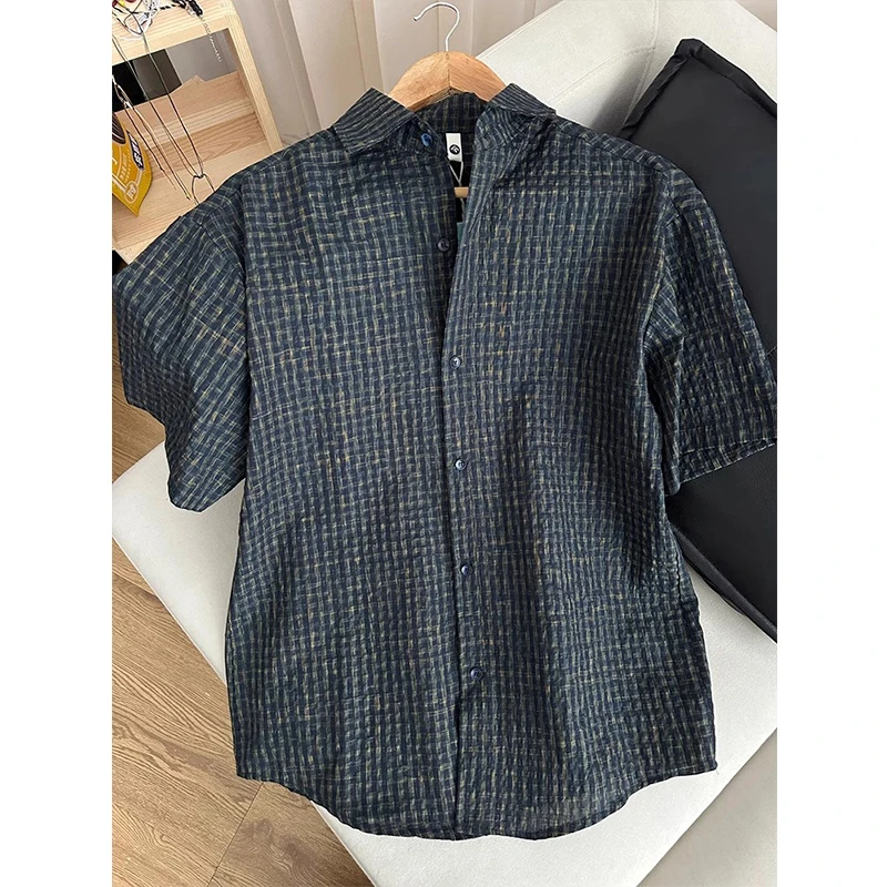 cleanfit泡泡纱格子短袖衬衫男夏季薄款冰丝衬衣美式复古半袖外套