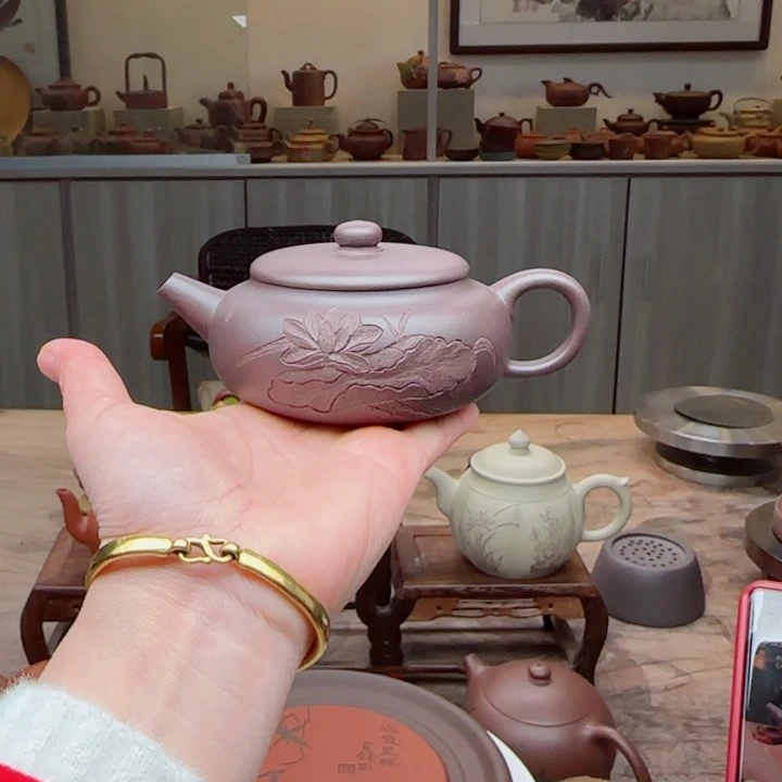 紫砂茶壶老紫泥150 c C小任刻绘