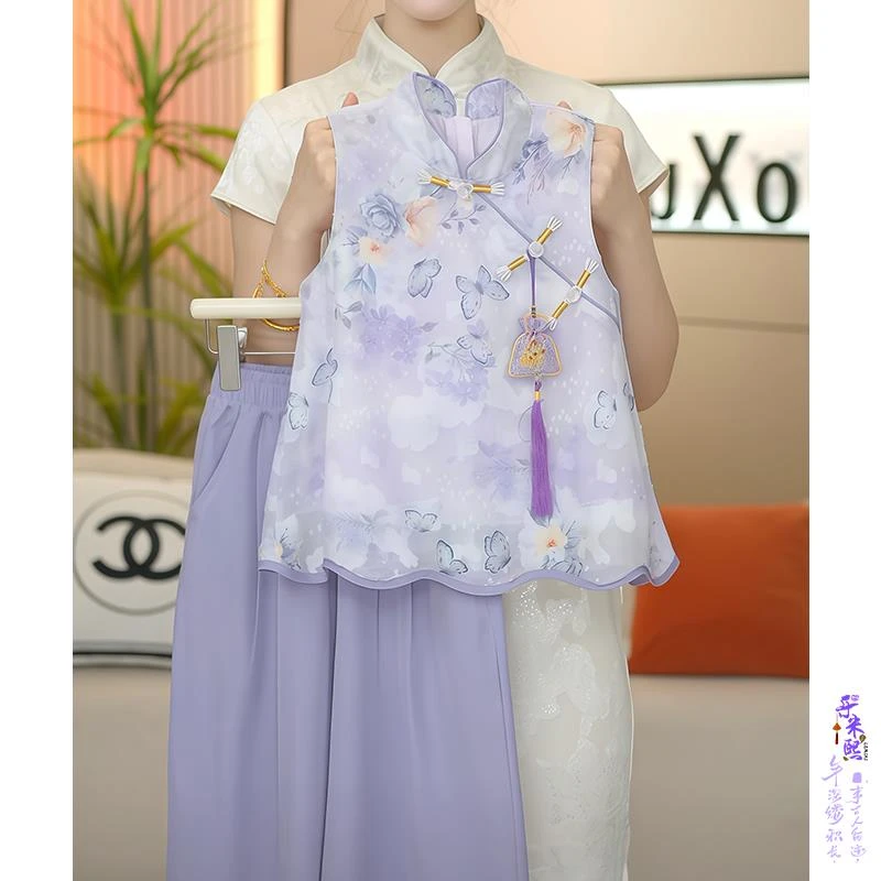 女童新中式套装2025夏季女宝汉服国风无袖盘扣阔腿裤古风九分裙裤