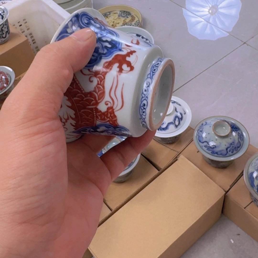 瓷片青花釉里红如意穿花龙二才马蹄盖碗