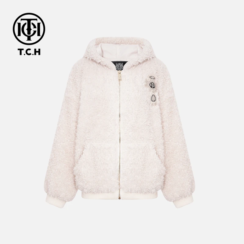 TCH轻奢烫钻冬季时尚连帽款毛毛外套T75C27E9008私服tch