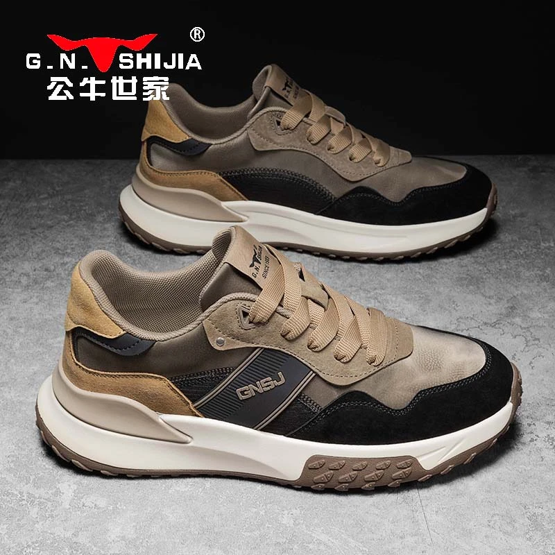 公牛世家秋季休闲鞋新款时尚潮流男鞋厚底轻便百搭户外登山鞋子男