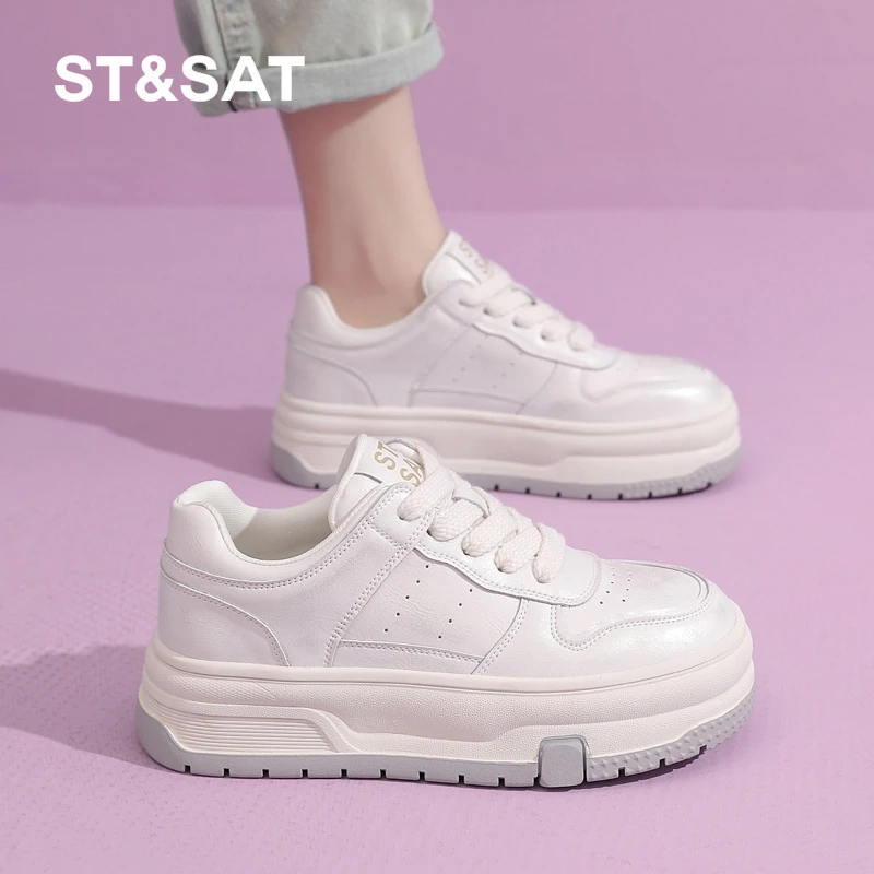 星期六2025春季新款厚底休闲板鞋女小白鞋韩版学生百搭真皮透气