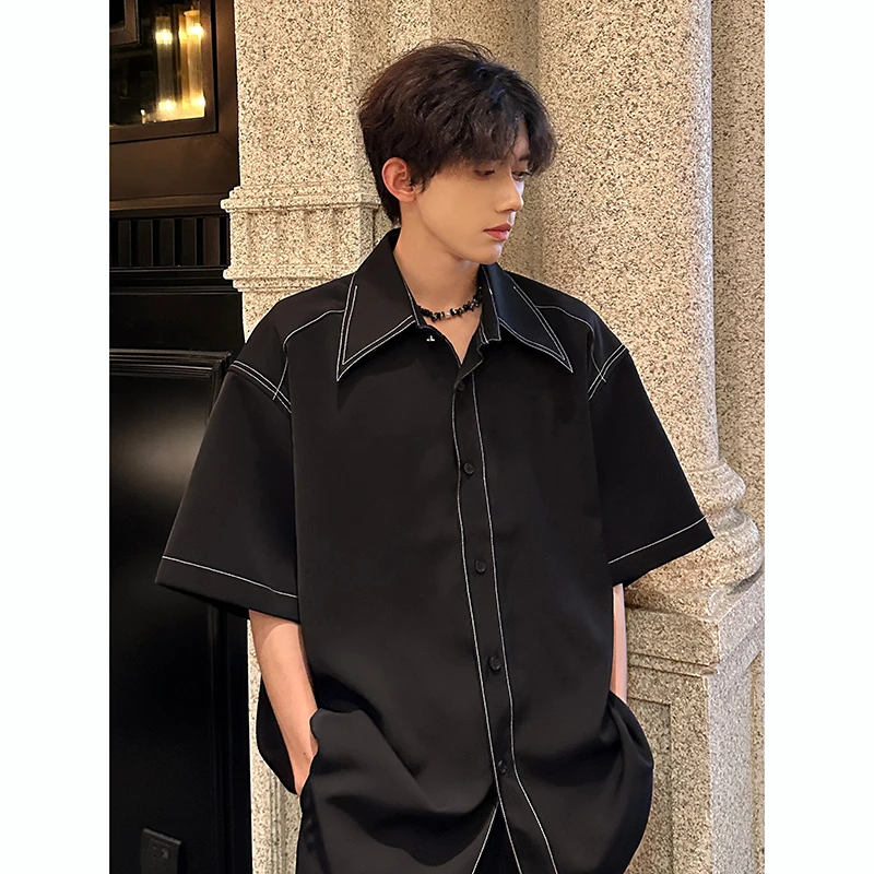 夏季新潮牌痞帅炸街衬衫男短袖高级感宽松款冰丝ifashion免烫衬衣