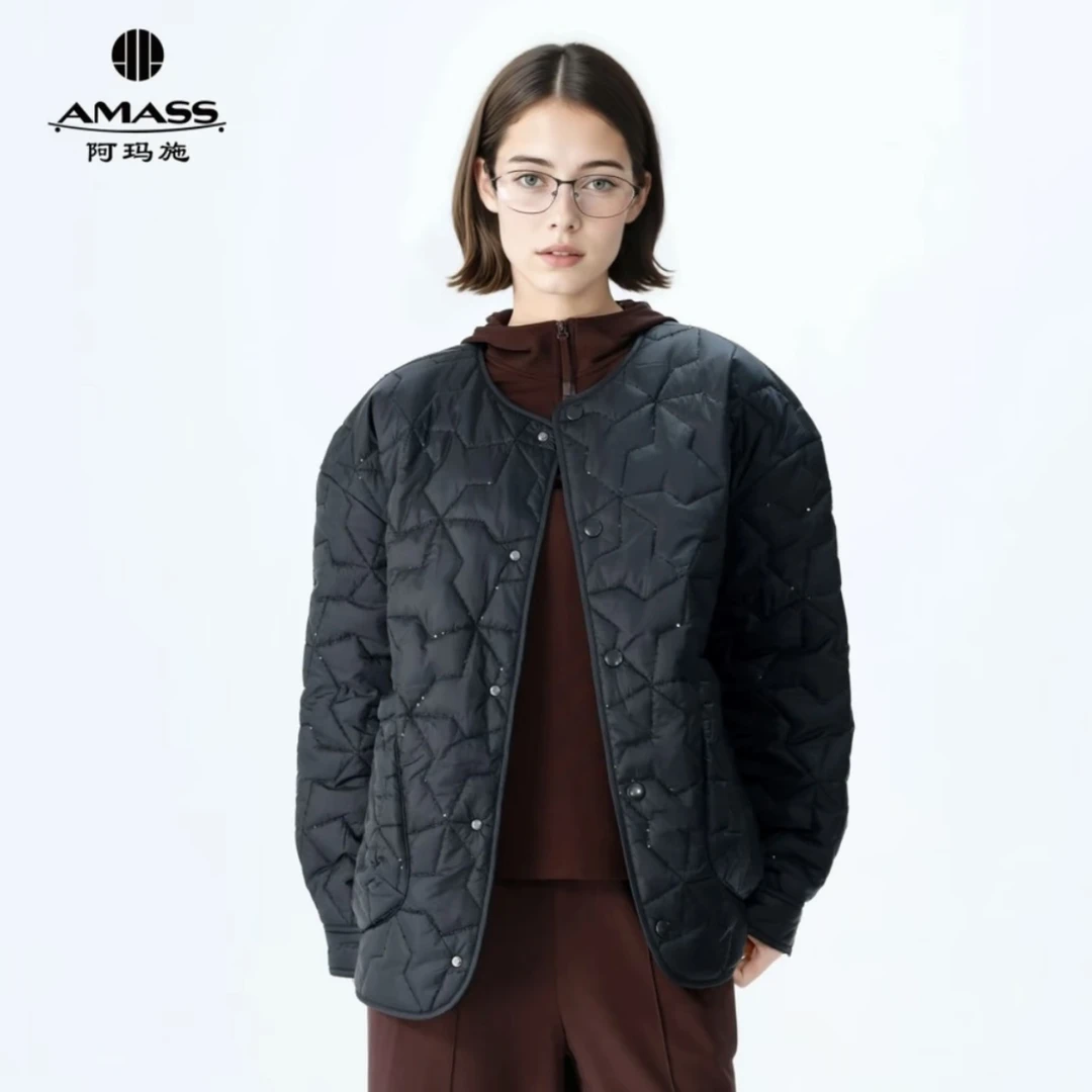 AMASS阿玛施秋冬新款宽松百搭菱格纹休闲质感新雪丽棉服女540073