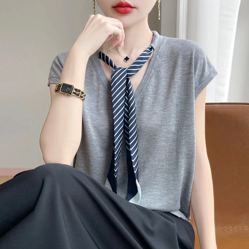 夏季新款莱赛尔天丝V领丝巾飘带短袖T恤设计感小飞袖上衣时尚6780