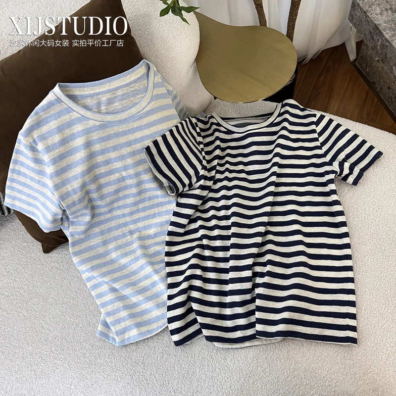 汐家女装 2025夏季新款撞色条纹圆领t恤女大码百搭宽松上衣短袖