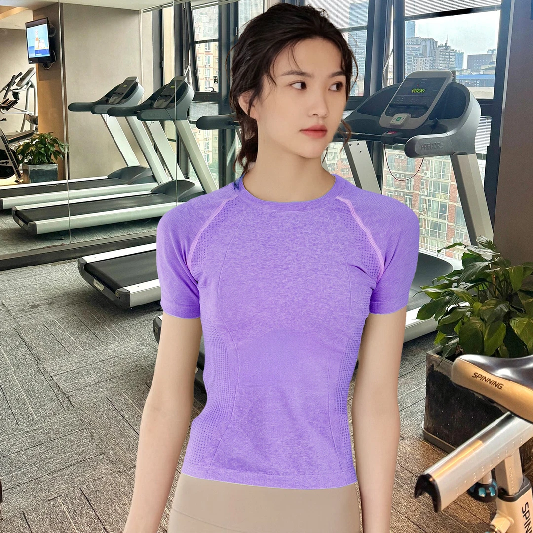 春夏季薄款无缝短袖女运动健身跑步透气速干上衣紧身显瘦瑜伽t恤
