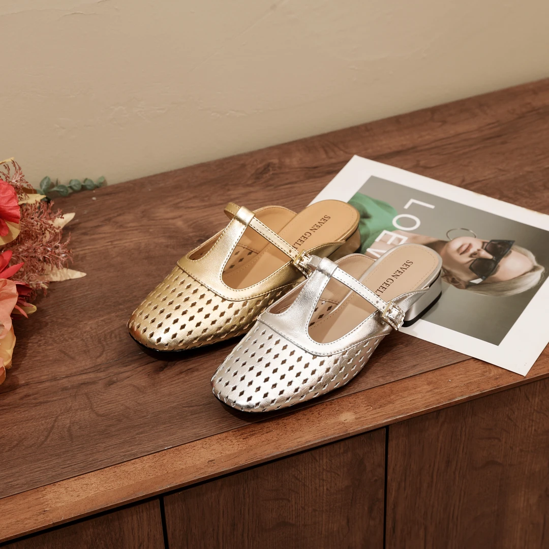 J2.5CM粗跟2025夏季新款时尚百搭真皮包头穆勒鞋外穿软底托鞋D637