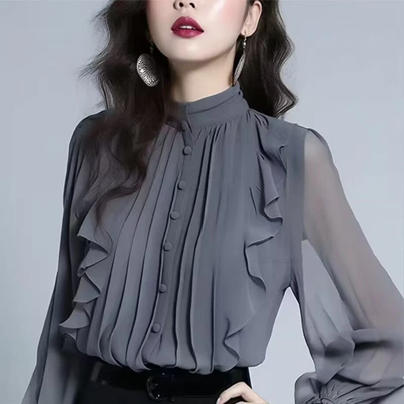 高端雪纺立领衬衫女春秋季新款时尚高级感荷叶边法式长袖小衫上衣