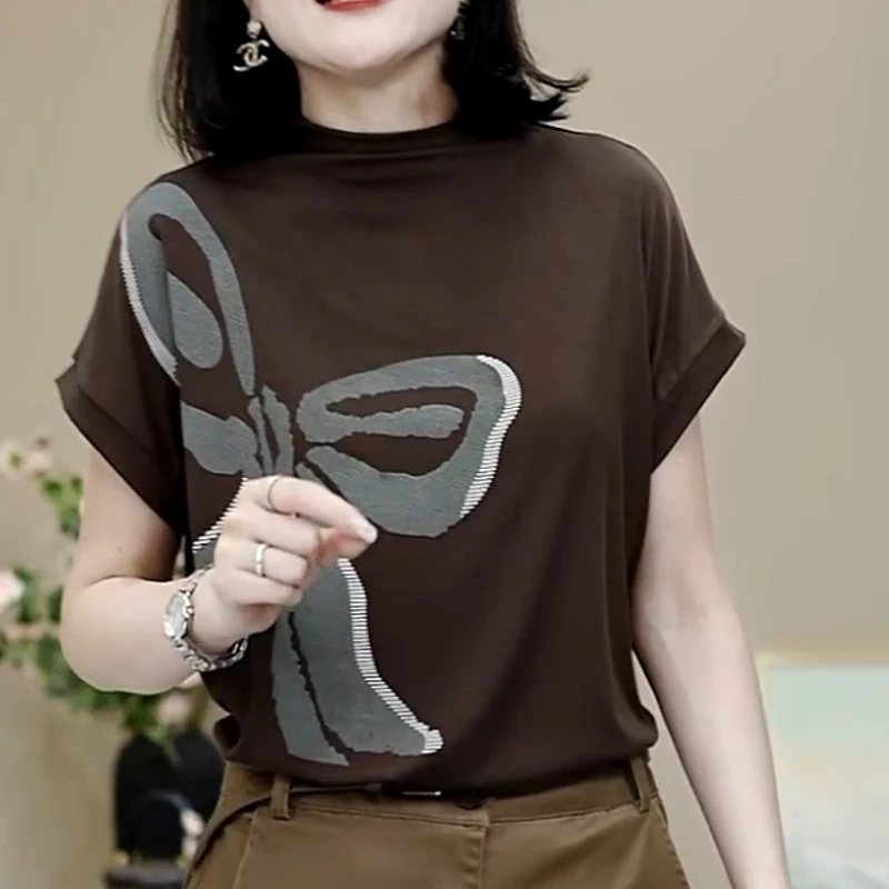 新款半高领短袖T恤休闲遮肚时尚百搭印花上衣减龄显瘦LK2505193