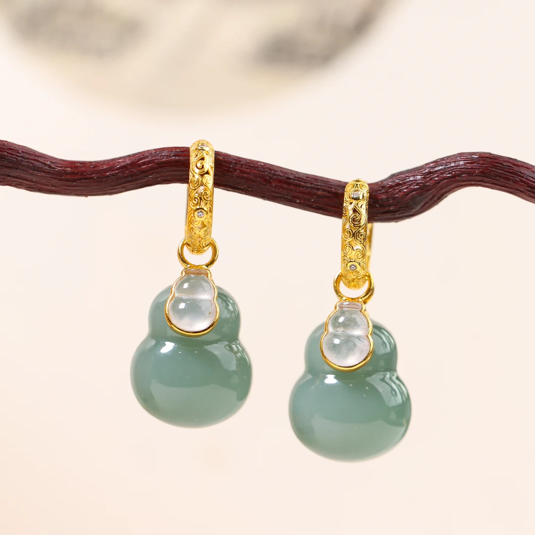 【双全】新中式国风珠宝18k金镶和田玉粉青葫芦耳扣