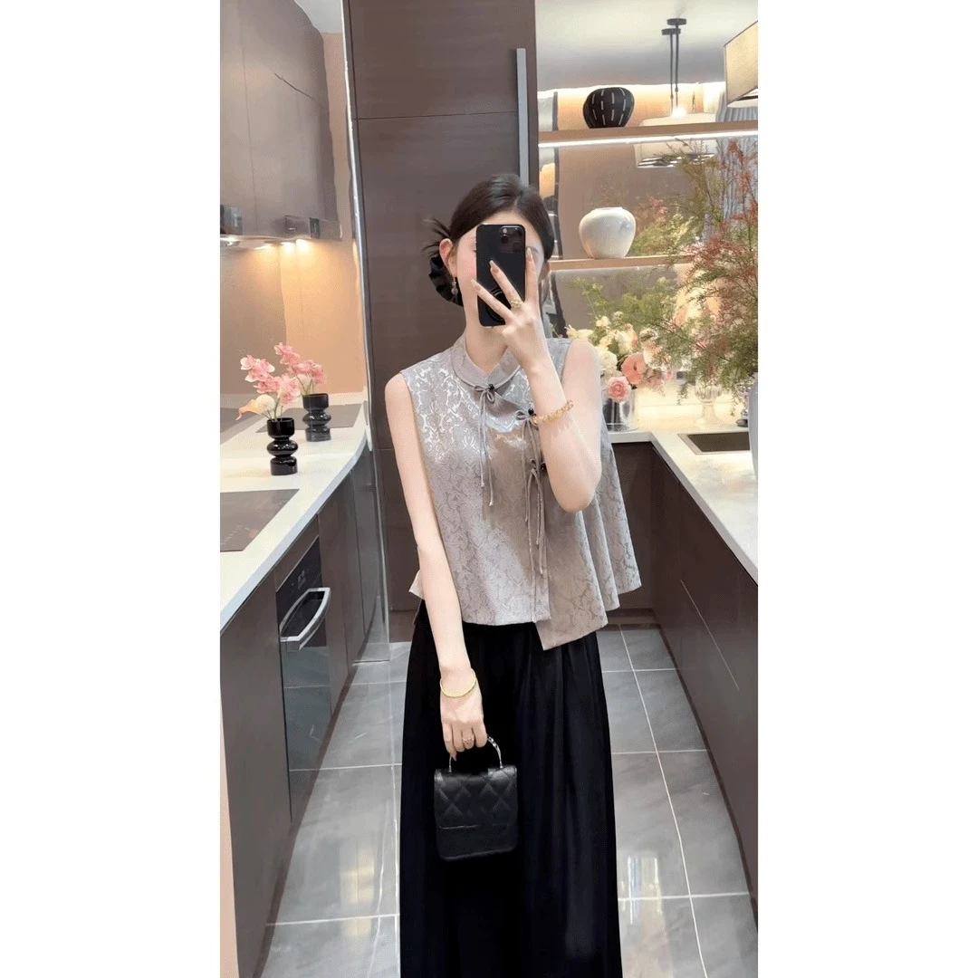 2025新款夏季新中式盘扣提花马甲上衣阔腿裤套装