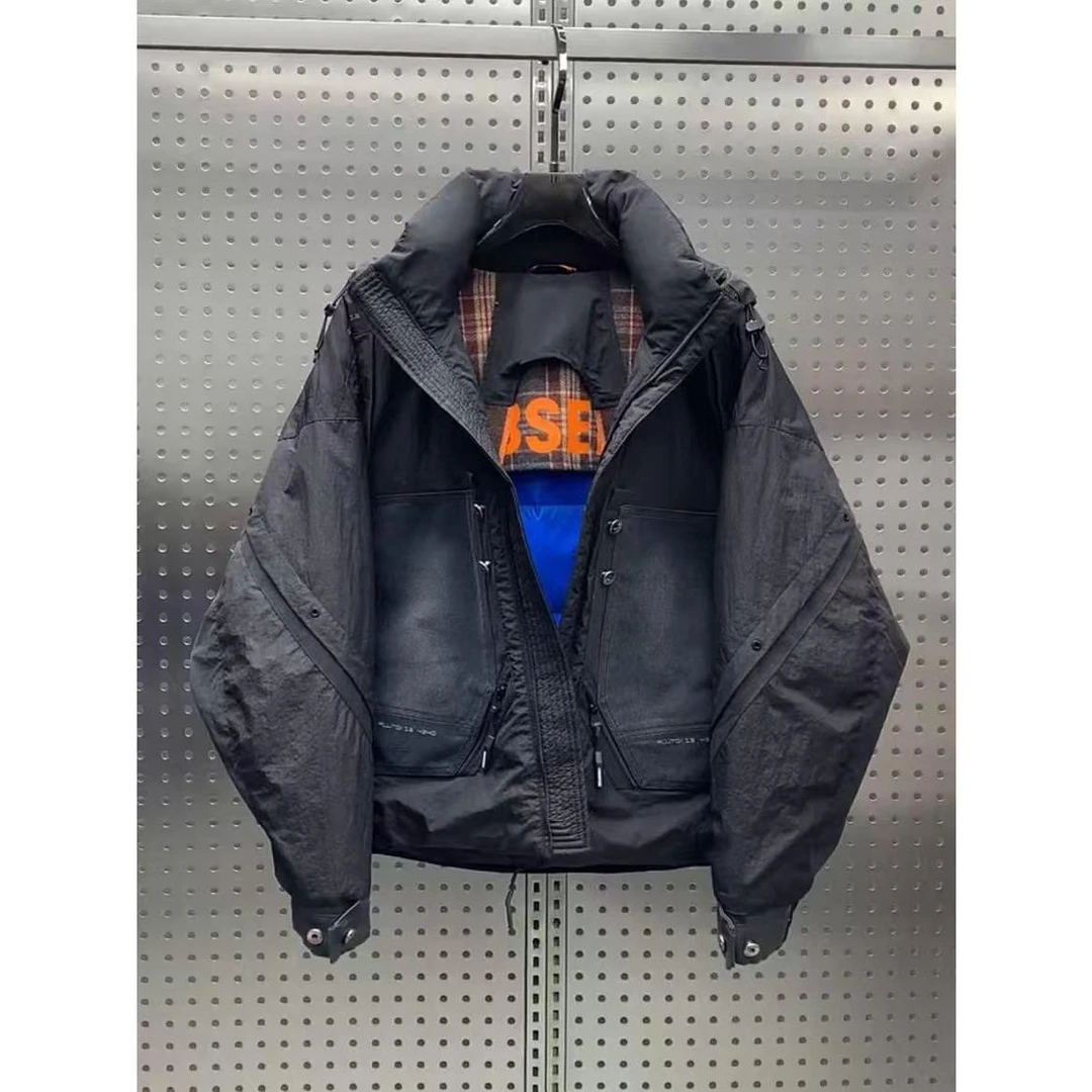 彪博冬季新款工装背带连帽羽绒服宽松男士撞色白鸭绒休闲保暖上衣